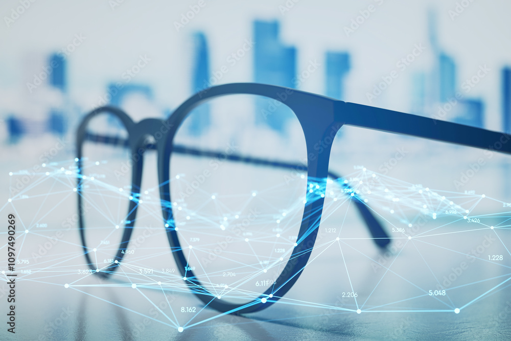 Poster Close-up of glasses with digital network overlay on blurred business background, representing data and technology concepts.