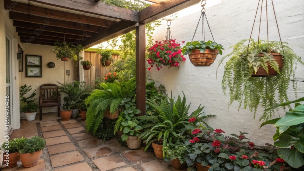 Poster the inviting corner features an array of vibrant foliage with small succulents ferns and flowering p