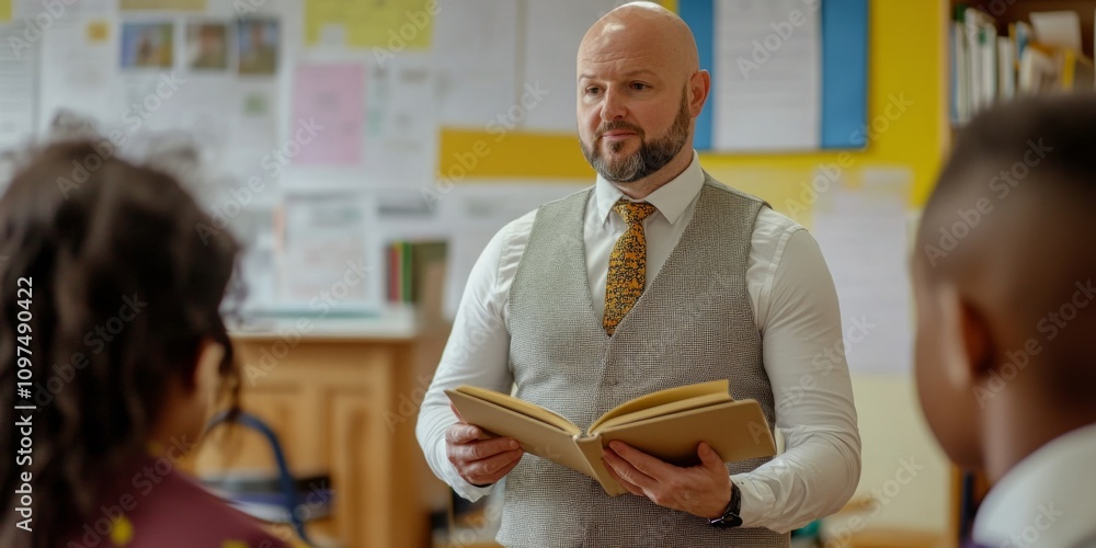 Poster a teacher engages students in a classroom setting. the smiling educator holds a book and captivates 