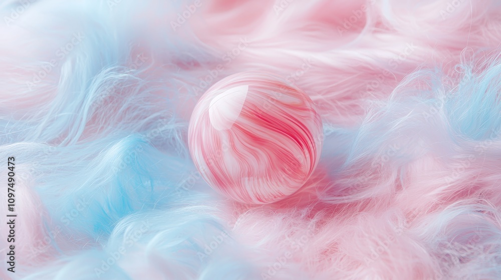 Poster surreal abstract gradient sphere resting on soft pink and blue fluffy background with ethereal smoot