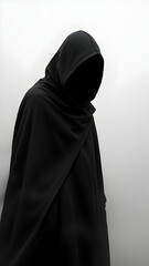 A shadowy figure cloaked in a dark, hooded garment stands against a light gray background. The face is completely obscured, creating an air of mystery and intrigue.