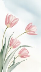 Fototapeta premium Watercolor Tulip on a blue sky Background. 
