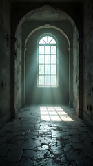 Sunbeams stream through an arched window in a dilapidated hallway. The aged stone floor and walls show significant wear. A sense of mystery and history pervades the scene.
