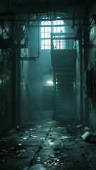 Obraz premium A dimly lit, derelict corridor reveals a decaying staircase and high window. Pipes run along the walls of this eerie, abandoned industrial space. The floor is cracked and littered with debris.