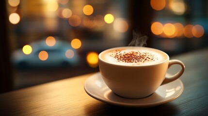 Obraz premium Cup of Cappuccino on Wooden Table with Warm Bokeh Lights Creating a Cozy and Inviting Atmosphere