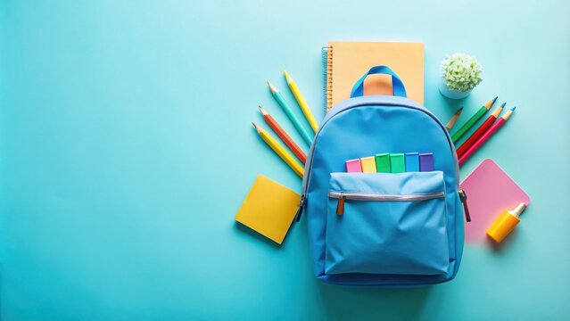 Backpack with school supplies on a vibrant blue background, ready for learning adventures