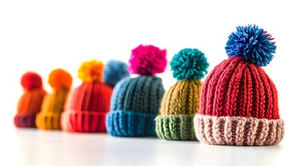 A row of colorful knitted hats with multicolored pom-poms on a white background, a stock photo for banner ad copy space. High resolution, professional color grading,