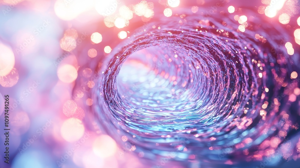 Poster swirling holographic gradients creating an abstract tunnel of colorful light in a dreamlike digital 