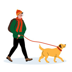 Man walking a golden retriever in a winter setting with a cheerful demeanor