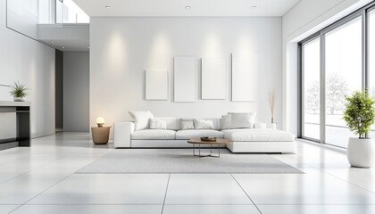 Fototapeta premium Interior of Modern Living Room with White Sofa Large Windows