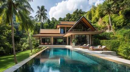 Fototapeta premium A holiday villa with a spacious pool and modern architecture, framed by palm trees and vibrant garden landscaping