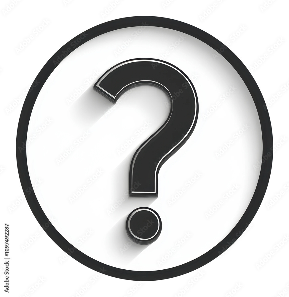 Poster question mark icon design inside a circular outline in black and white isolated on transparent backg
