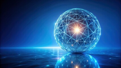 Abstract glowing sphere of interconnected nodes and lines reflecting on a dark blue surface