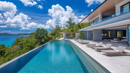 Fototapeta premium Contemporary villa by the seaside, showcasing a large pool, sun loungers, and panoramic views of the ocean under a clear blue sky