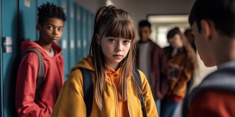 Fototapeta premium A thoughtful teenager stands by school lockers, her expression serious and introspective. The scene captures the essence of youth and teenage emotions in an educational setting. AI