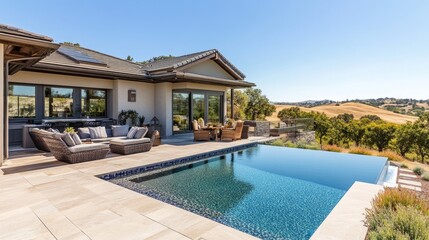Fototapeta premium Contemporary villa with a geometric pool design, stylish patio furniture, and panoramic views of rolling hills