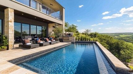 Contemporary villa with a geometric pool design, stylish patio furniture, and panoramic views of rolling hills