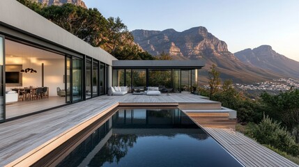 Fototapeta premium Luxurious contemporary villa with a minimalist design, large windows, a glistening pool, and a wooden deck set against a mountain backdrop