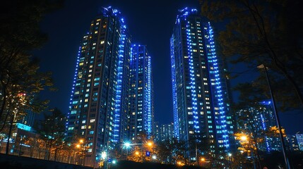 Night cityscape with illuminated skyscrapers.
