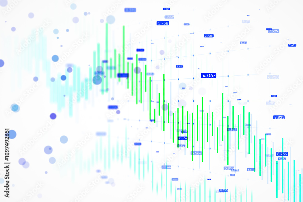 Poster abstract financial stock market graph with green and blue candlesticks on white background, featurin