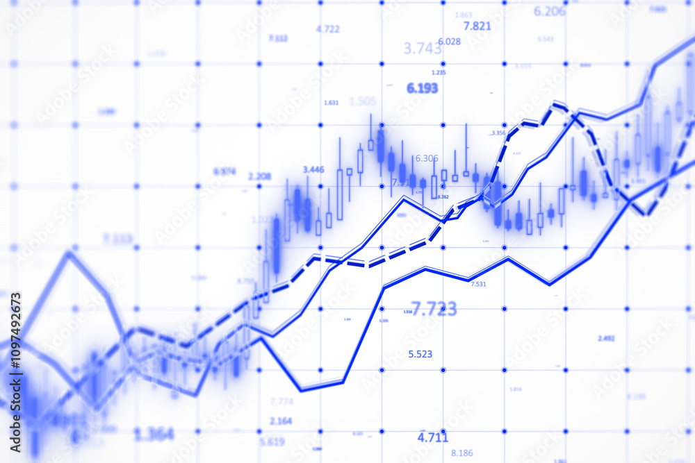 Aufkleber Abstract representation of financial growth with blue line graphs on a gradient technical background. 3D Rendering
