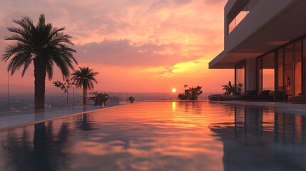 Sunset over a luxurious holiday villa, with the pool reflecting the orange and pink hues of the sky, surrounded by modern decor