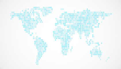 Binary world map pattern in blue on white background, showcasing global digital connectivity concept with clean and minimalistic design. 3D Rendering