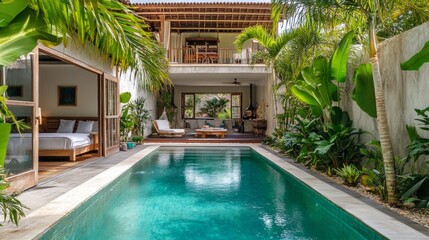 Tropical villa with an open-plan living area leading to a large pool, surrounded by exotic plants and swaying palm trees -
