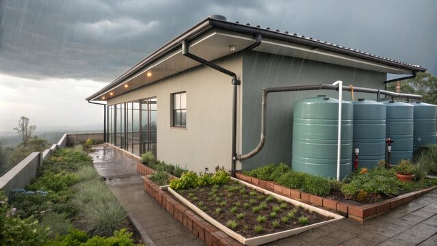 A rainwater harvesting system integrated into the design collecting water for irrigation and use.