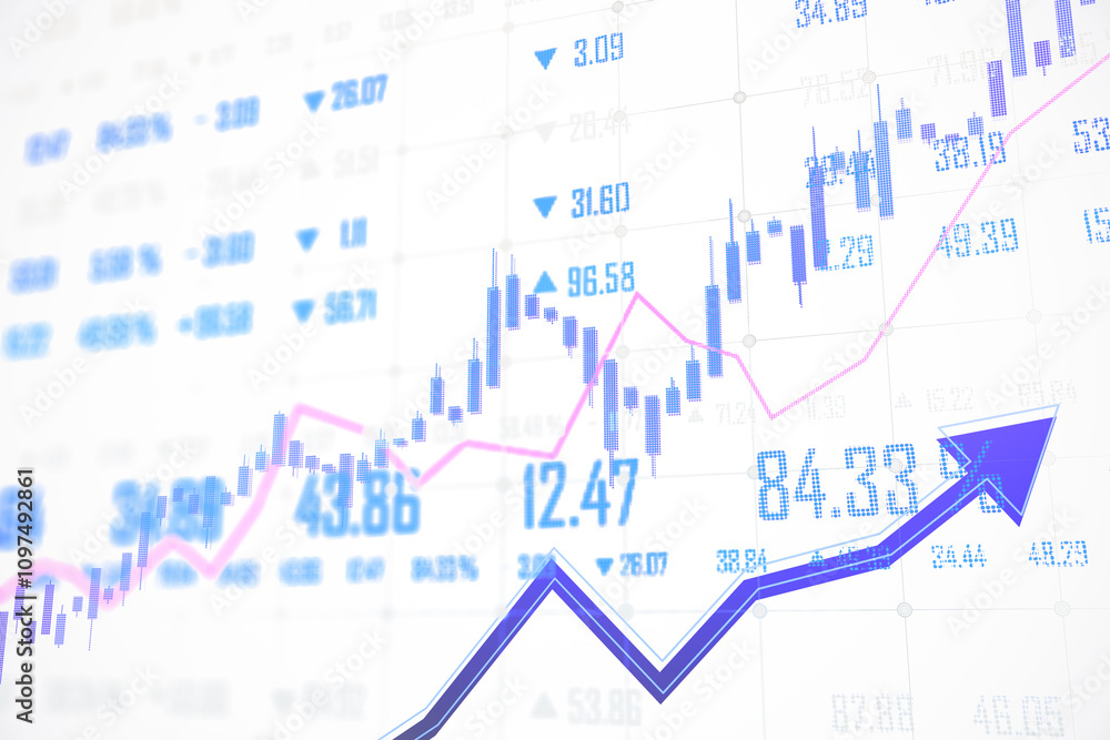 Poster stock market data with candlestick and line charts in blue and pink over a white background showcasi