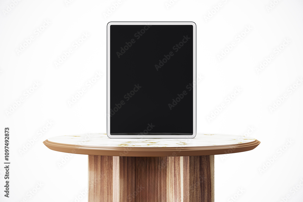 Poster tablet with blank screen placed on round wooden table against bright white background. 3d rendering