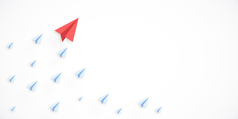 Red paper plane leading blue planes on white background, symbolizing leadership and innovation in a minimalist design concept. 3D Rendering