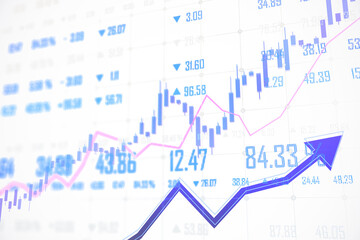 Stock market data with candlestick and line charts in blue and pink over a white background showcasing financial growth and analysis. 3D Rendering