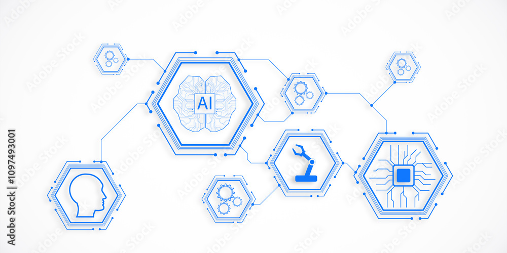 Poster Abstract AI technology concept with icons connected in hexagonal shapes on a white background. 3D Rendering