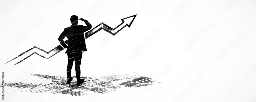 Poster silhouette of a person with an arrow symbolizing growth and success in a sketch style on a white bac