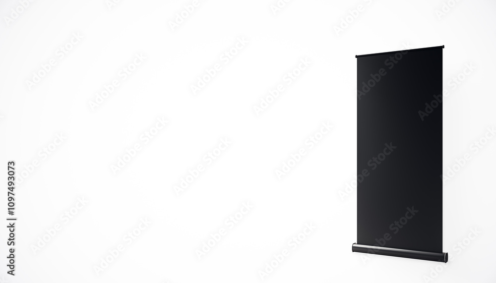 Poster Black roll-up banner on white background with minimalistic design. 3D Rendering