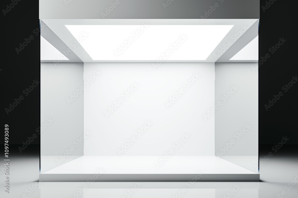 Poster minimalistic exhibition stand with a white illuminated interior and dark edges. 3d rendering