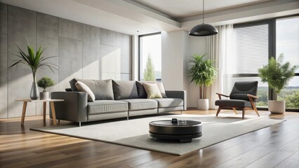 Fototapeta premium Modern minimalist living room interior design with hardwood floors, gray sofa, armchair, and robotic vacuum cleaner