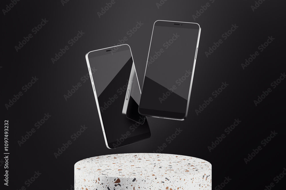 Fototapete Two smartphones floating above a terrazzo surface, displayed in a clean and modern mockup presentation on a dark background. 3D Rendering