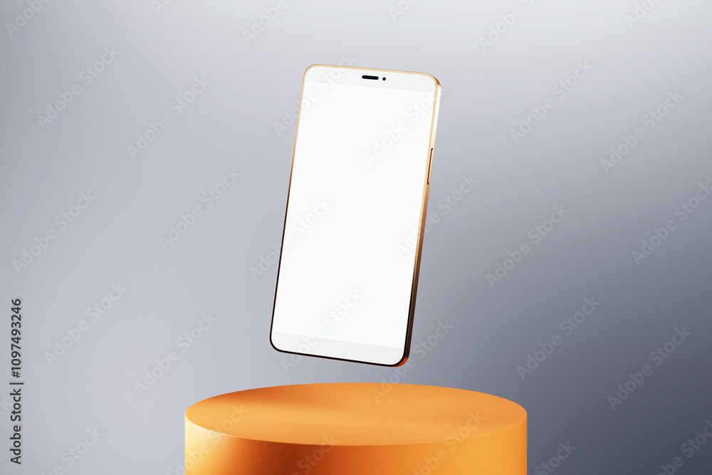 Poster Smartphone closeup mockup with blank screen floating on an orange stand, against a clean gray background, showcasing modern technology. 3D Rendering