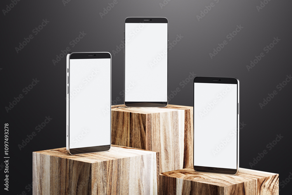Aufkleber three smartphones with blank screens displayed on wooden podiums against a dark background for mocku