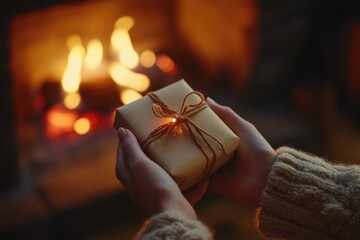 Person with gift by fireplace