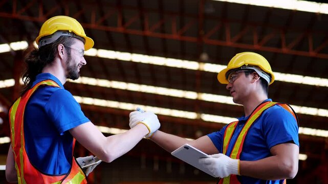 Happy team engineer handshake gesture after successful work. Factory engineer arm wrestling with coworker after finish work and Completed the work perfectly, The project is progressing as planned.