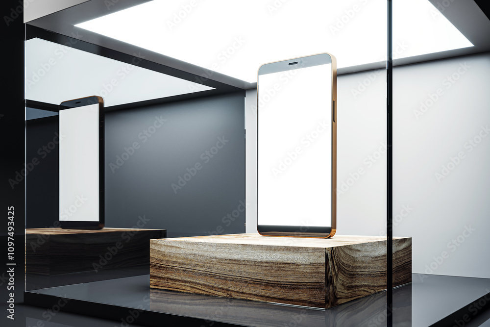 Poster modern smartphone mockup with blank screen on a wooden podium in a sleek glass showroom with minimal