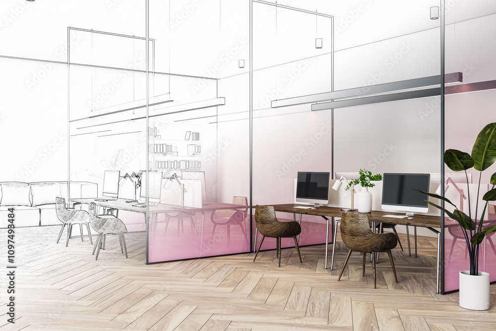 Poster modern office interior in development, showing a mix of sketch and finished workspace design with co