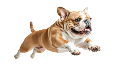 Transparent background joyful dog leaps in mid air, showcasing its playful spirit and energy. This lively moment captures essence of fun and excitement in pets life