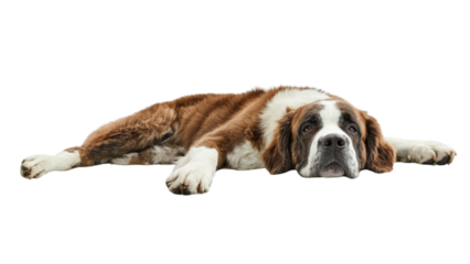 Transparent background large Saint Bernard dog lying down with relaxed expression, showcasing its fluffy fur and gentle demeanor. This breed is known for its friendly nature and loyalty