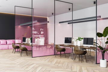 Modern office interior with wooden desks, computers, chairs, and pink glass partition walls. Clean space with plants and light design. 3D Rendering