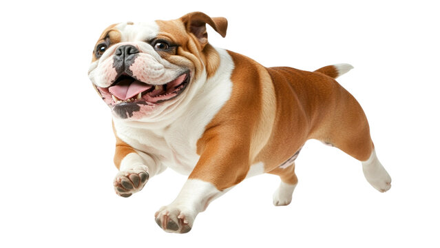 Transparent background Happy bulldog running joyfully with playful expression, showcasing its energetic personality and distinctive features