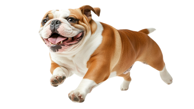 Transparent background Happy bulldog running joyfully with playful expression, showcasing its energetic personality and distinctive features